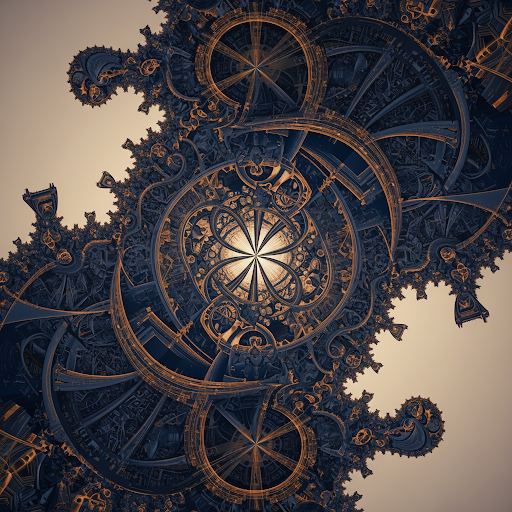 High-resolution fractal background, intricate mathematical patterns, elegant and sophisticated, using a palette of deep navy, slate, and vibrant orange-gold accents